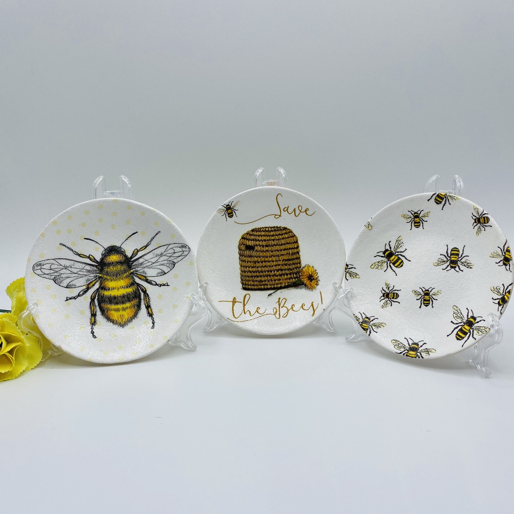 Decoupaged set of 3 MINI Ceramic Plates & Stands 9.5cm Etsy