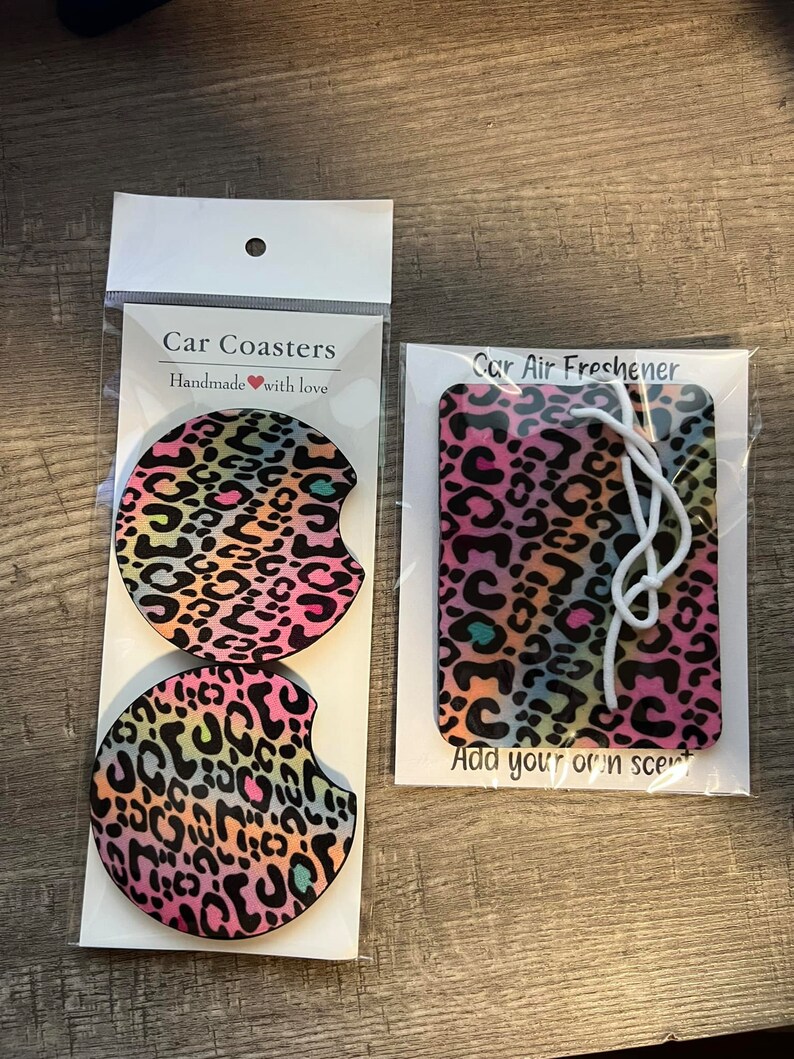 Custom Unscented Air Freshener, Matching Car Coaster Set, Different