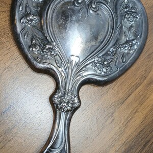 Vintage Art Nouveau Style Hand Mirror | Ornate Silver Tone Vanity Mirror | Floral Cherub Design Dresser Decor
