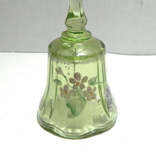 Fenton Green Hand Painted Bell Artist Signed by J Cutshaw with Original Fenton Sticker