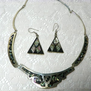 Vintage Alpaca Mexico Silver and Abalone Segmented Necklace with Matching Earrings