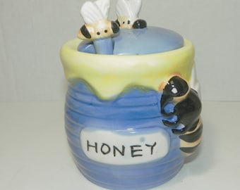 Ceramic Honey Pot and Dipper Decorated with Bees