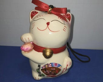 Vintage Japanese Maneki Neko Wind Bell (Furin) | Ceramic Lucky Cat Hanging Ornament | Good Luck & Prosperity Charm | 3.5" Tall