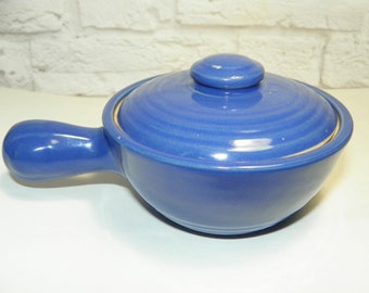 Vintage Blue Ringed Soup Bowl with Handle and Lid - French Onion Soup Bowl - Chili Bowl - Marked USA