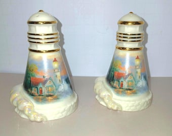 Vintage 2002 Lenox Thomas Kinkade Lighthouse Salt & Pepper Shakers – Fine Porcelain Coastal Collectible – Set of 2