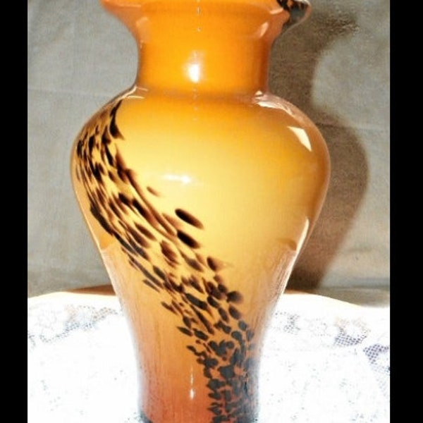 Reduced! Vintage 12" Blown Glass Vase Gold and Brown or Tortoise Shell Patterned