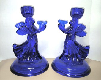 Vintage Cobalt Blue Glass Angel Candlestick Holders – Set of 2 Harp Angels – Taper Candle Holders – Christmas & Spiritual Décor