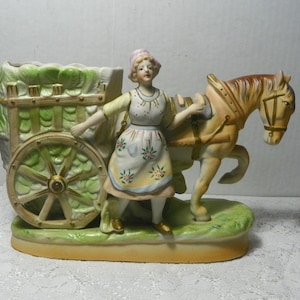 Vintage Paulux Bisque Lady z koniem i wozem wazon lub doniczka wykonana w Japonii
