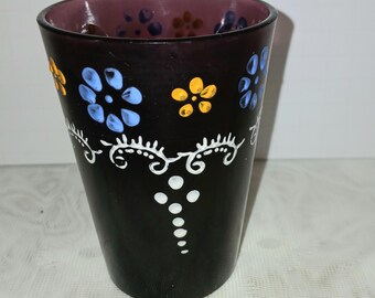 Vintage Amethyst Hand-Painted Enamel Art Glass Tumbler | Purple Decorative Drinking Glass