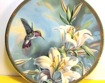 Ruby-Throated Hummingbird and Lilies - Collector Plate by Cindi Nelson | Gems of Nature Hummingbird Series Plate
