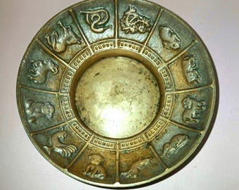 Vintage Brass Chinese Zodiac Tray | Made in Korea | Round Zodiac Trinket Dish | Astrology Decor | Brass Jewelry Catchall | 4 1/8"
