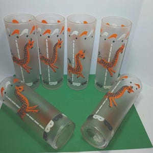 Set of 6 Vintage Libbey Frosted Tom Collins Glasses Carousel Giraffe Design Mid Century Orange & Black Barware Retro Drink Glasses