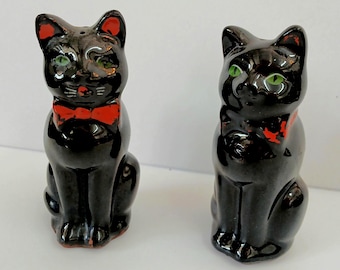 Vintage Shafford Japan Black Cat Salt & Pepper Shakers - Original Foil Label and Cork Stoppers - Red Bow Ties and Green Eyes
