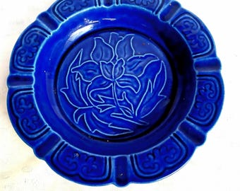 Vintage Hyalyn Pottery Cobalt Blue Ashtray #583 | Raised Floral Ceramic Ashtray | Mid Century USA Pottery
