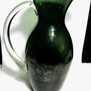 Vintage Green and Clear Art Glass Tall Blown Glass Pitcher with Etched Grape Pattern - Sommerso Style