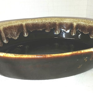 York Pottery Gourmet Brown Drip Au Gratin Bowl – Oval Baking Dish – Vintage Stoneware