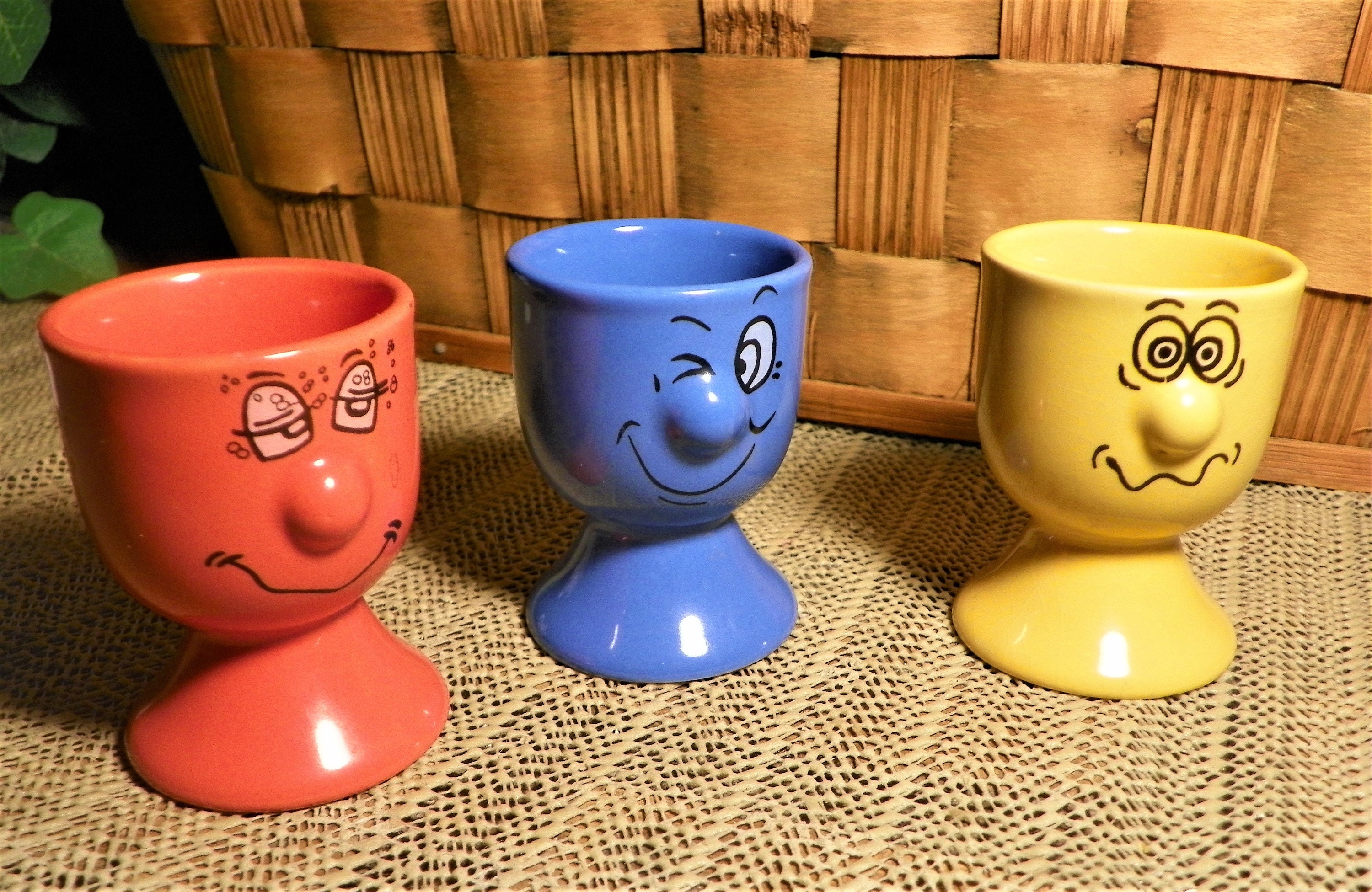 Funny Face Ceramic Egg Cups Orange Blue and Yellow Etsy