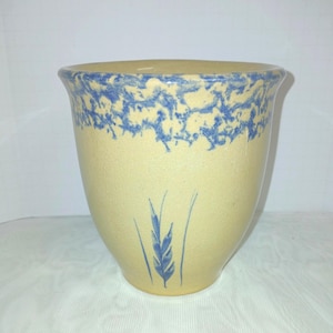 Vintage Robinson-Ransbottom 1 liter köksskål – blå vetesvamp – rekommenderat pris Roseville Ohio keramik – 13,5 cm hög