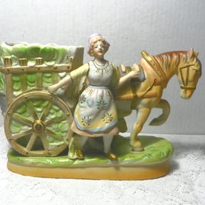 Vintage Paulux Bisque Pflanzgefäß mit Pferdewagen-Motiv | Japanisches figürliches Keramikgefäß | Landhausstil | Sammlerstück aus der Mitte des 20. Jahrhunderts