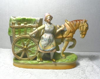 Vintage Paulux Bisque Lady Horse Cart Planter Vase | Japan Figurative Ceramic Planter | Cottage Farmhouse Décor | Mid-Century Collectible