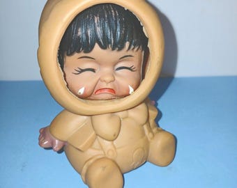 Vintage Moody Cuties Eskimo Doll Hong Kong 3-Face Turn Head Toy, Happy Sad Crying Faces, 1960s 1970s Vinyl Figure, Collectible Novelty Doll