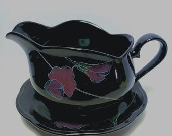 Mikasa Rondo Tango Gravy Boat with Underplate | Black & Lavender Floral China | Vintage Serving Piece | Replacement Dinnerware