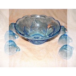 Vintage KIG Indonesia  Ice Blue Glass Punch Bowl 8.5” & 6 Mugs