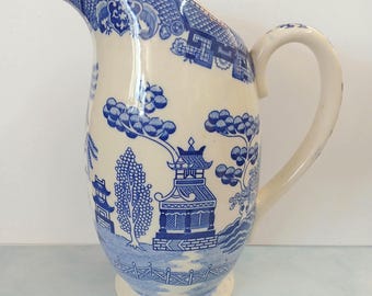Vintage Blue Willow Pitcher | Chinoiserie Ceramic Water Pitcher | Unmarked Japan? | 64 oz Farmhouse Serving Jug | 9.5" Tall