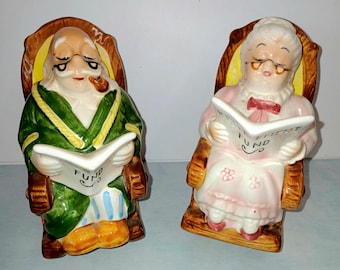 Vintage Lefton Retirement Fund Coin Banks | Grandma & Grandpa Ceramic Bank Set | Made in Japan | Rocking Chair Figurines