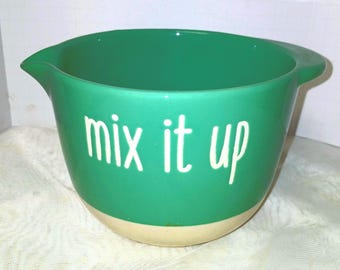 Green & White Stoneware Mixing Bowl "Mix It Up" – 8" Batter Bowl Farmhouse Kitchen Decor