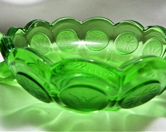 Fostoria Coin Glass Emerald Green Handled Nappy