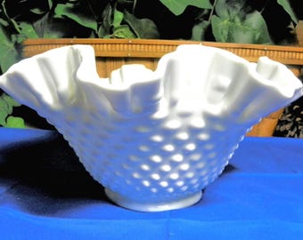 Vintage Fenton Hobnail Milk Glass Bowl – Unmarked White Crimped Edge Glass Bowl, Classic Farmhouse Cottage Decor, 9 Inch