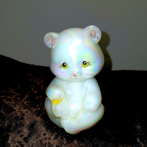 Fenton White Iridescent Bear Figurine Hand Painted by T.L. Nutter with Original Fenton Sticker