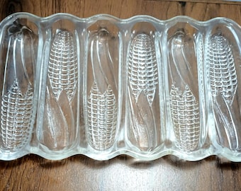 Vintage Miracle Maize Clear Glass Cornbread Baking Dish/ Corn Cob Design Ovenware/ 12 Inch Farmhouse Kitchen Bakeware