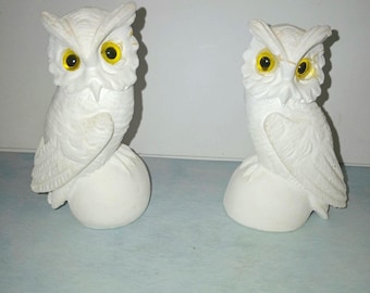 Vintage White Alabaster Owl Figurines | Pair of Italian Stone Owls with Yellow Glass Eyes | Mid-Century Shelf Decor