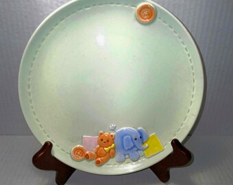 Vintage 1984 Ebeling & Ruess Golden Crown Child's Plate | Raised Relief Elephant Teddy Bear Nursery Plate | 7 3/4" Collectible Baby Dish