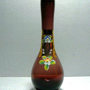 Apco Vintage Bohemian Amethyst Art Glass Bud Vase with Enameled Flowers and Gold Gilt - Original Apco Sticker