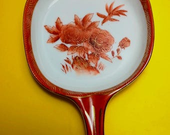 Vintage Japanese Imari Porcelain Handled Dish – Orange & White Floral Bowl with Gold Trim – Trinket Dish – Marked 7003