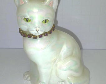 Fenton White Iridescent Cat Figurine | Hand Painted by P. Hayhurst | Purple Rhinestone Collar | Signed Art Glass Cat | Vintage Fenton