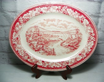 Train on Suspension Bridge Niagara Falls Currier & Ives Red Transferware Platter by Homer Laughlin 13 5/8"