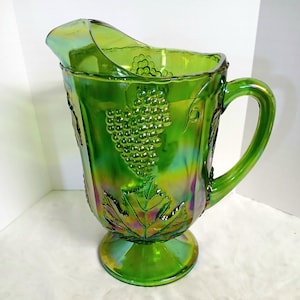 64 Oz. Indiana Glass Harvest Grape Green Carnival Glass Footed Pitcher