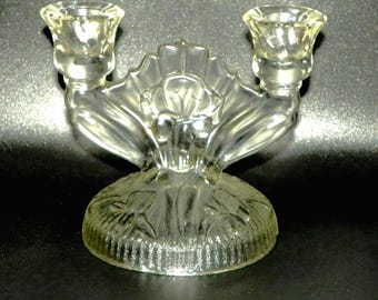 Vintage Jeannette Glass Iris & Herringbone Double Candlestick Holder | Clear Depression Glass | 1928–1932 | Art Deco Candle Holder