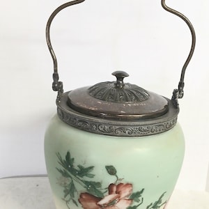 Antique Hand-painted Satin Glass Biscuit Jar with Silver Plate Top and Handle