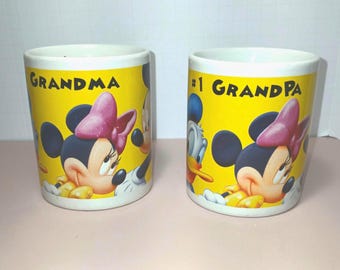 Vintage Disney Jerry Leigh #1 Grandma & Grandpa Mug Set | Mickey Minnie Donald Goofy | 12 oz Yellow Ceramic Coffee Cups | Grandparent Gift