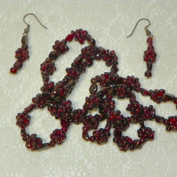 Vintage Bohemian Garnet Grape Cluster 26" Necklace and Earrings