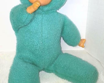 Vintage Blue Rubber Face Teddy Bear | 15" Thumb Sucking Plush Bear | Mid-Century Stuffed Animal | Retro Nursery Decor