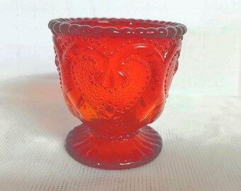 Vintage L.E. Smith Red Sweetheart Jeweled Toothpick Holder, UV Reactive Red Glass, Glows Orange Under 395 UV Light, Collectible Glass