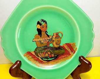 San Jose Pottery 6 3/8" Green Square Plate - Mexican Folk Art Woman with Pitcher & Fruit Basket