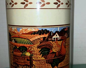 Vintage B & I Inc. Stoneware Canister with Rooster Farm Scene – 9" Kitchen Canister – Farmhouse Country Kitchen Décor