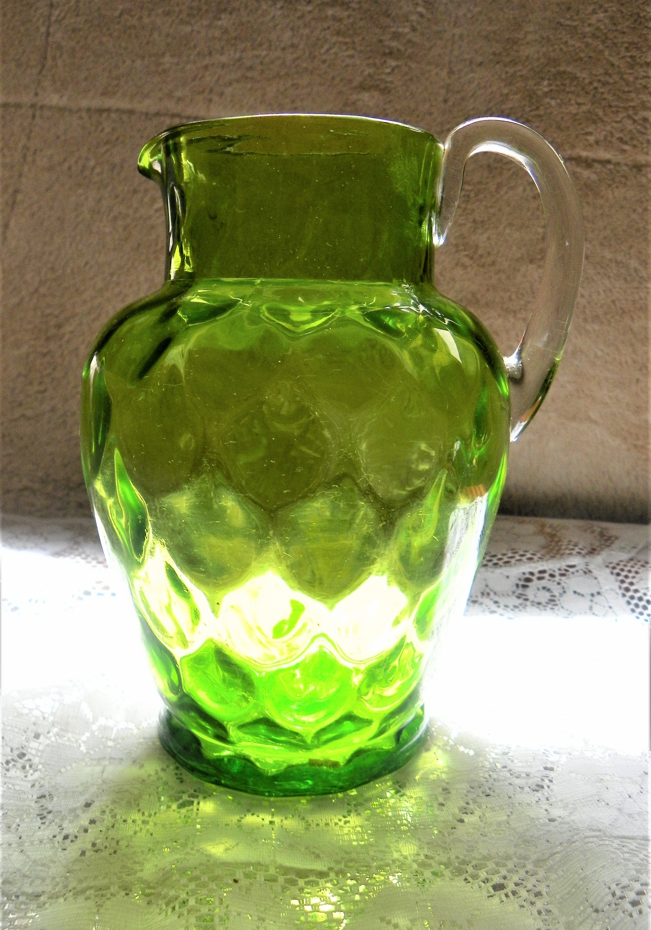 Green Blown Glass Pitcher with Clear Handle Behive Look MCM Etsy